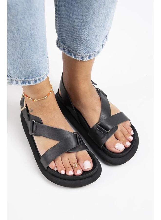 Azelya Women's Genuine Leather Buckle and Strap Black Sandal.