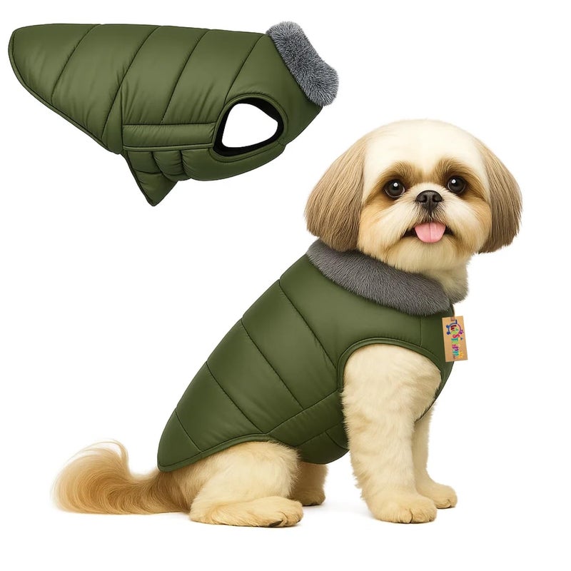 Western Era Dog Fur Quilted Olive Green Winter Coat for Dogs | Warm Padded Jacket Soft Fur Collar | Windproof Cold Weather Outfit for Walks Clothing | Adjustable Belly Strap (XSmall - 12inch) - Image 1