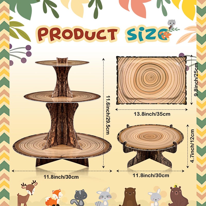 Sawysine 7 Pcs Woodland Cupcake Stand Set Woodland Baby Shower Decorations 3 Tier 2 Wooden Cupcake Stand 1 Rustic Cake 4 Rectangle Serving Tray Birthday Western Camping Hunting Supplies(Rectangle) - Image 2