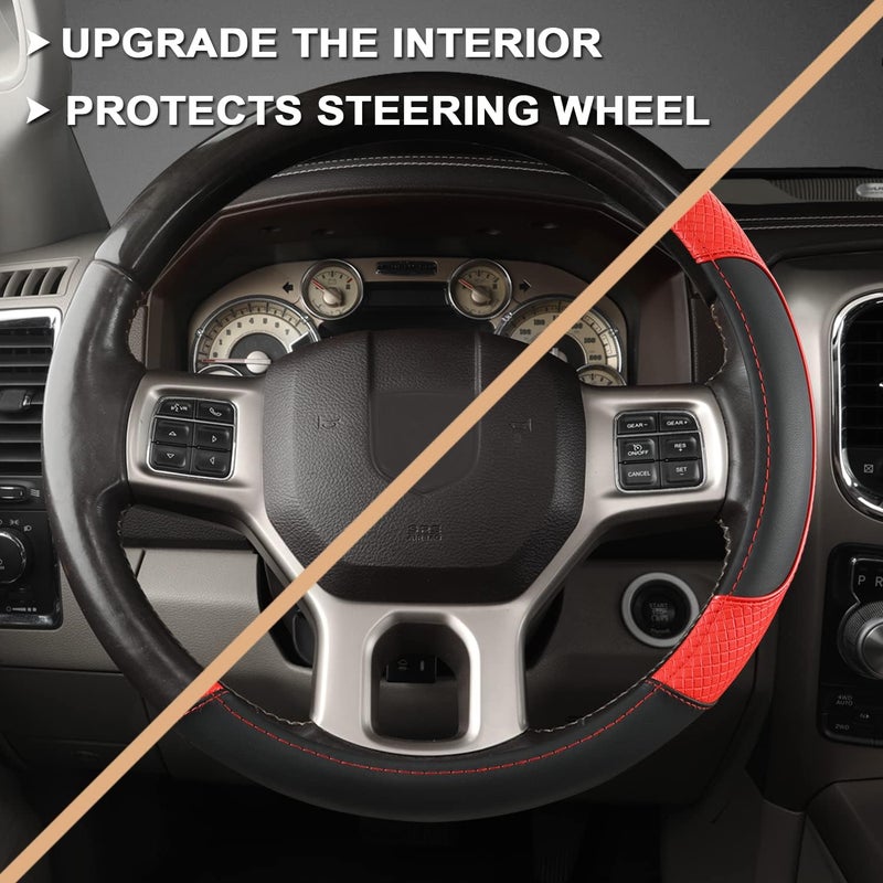 GIANT PANDA Car Steering Wheel Cover for Dodge Ram 1500 2500 3500 15.5-16 inches - Black+Red - Image 5