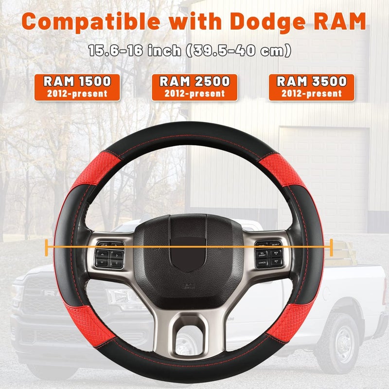 GIANT PANDA Car Steering Wheel Cover for Dodge Ram 1500 2500 3500 15.5-16 inches - Black+Red - Image 2