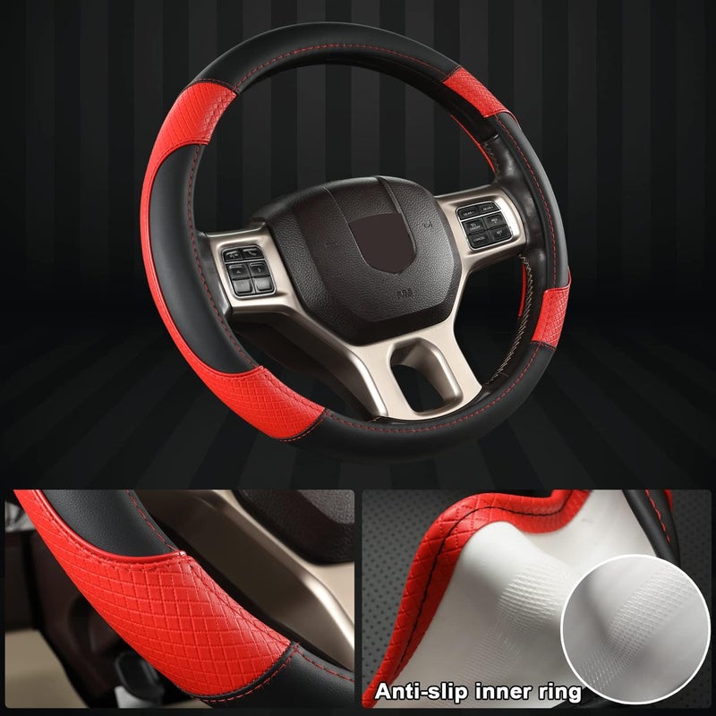 GIANT PANDA Car Steering Wheel Cover for Dodge Ram 1500 2500 3500 15.5-16 inches - Black+Red - Image 4