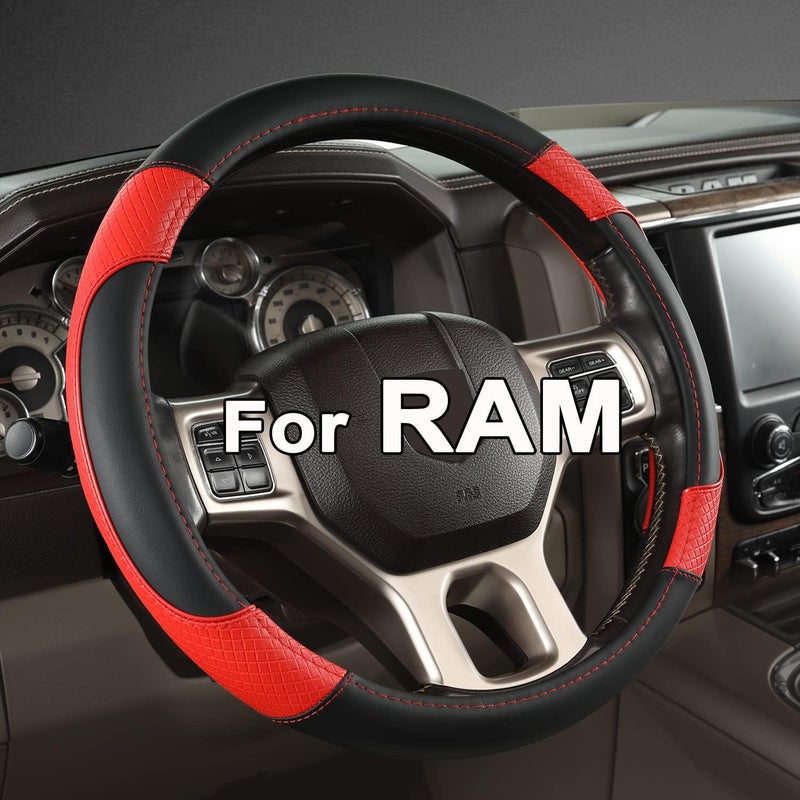 GIANT PANDA Car Steering Wheel Cover for Dodge Ram 1500 2500 3500 15.5-16 inches - Black+Red - Image 1
