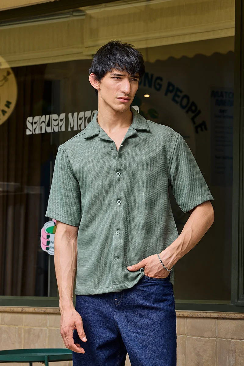 سنيتش Green Textured Half Sleeve Oversized Shirt