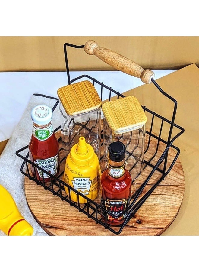Rectangular sauce basket or sauce rack with wooden handle, measuring 21cm x 22cm. Capacity: 6 bottles - Image 1