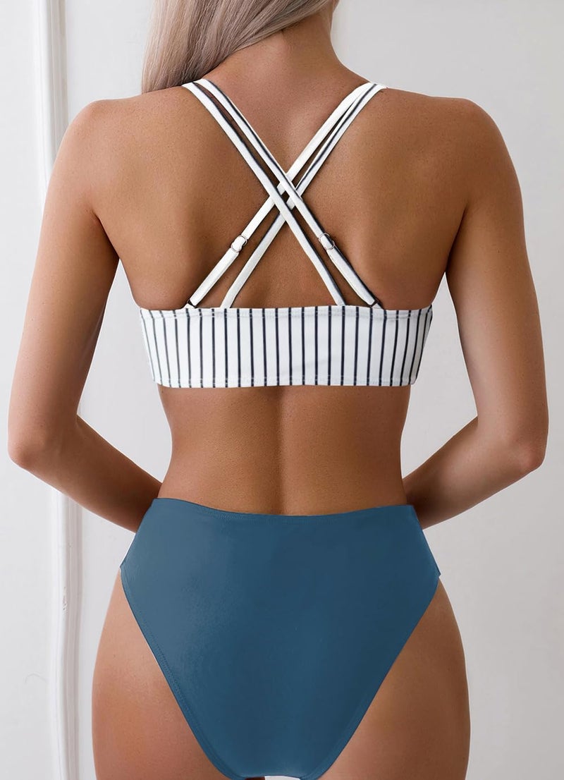 Tainehs Women's Push Up V Neck Bikini Sets Criss Cross Back Two Piece Bathing Suit - Image 2