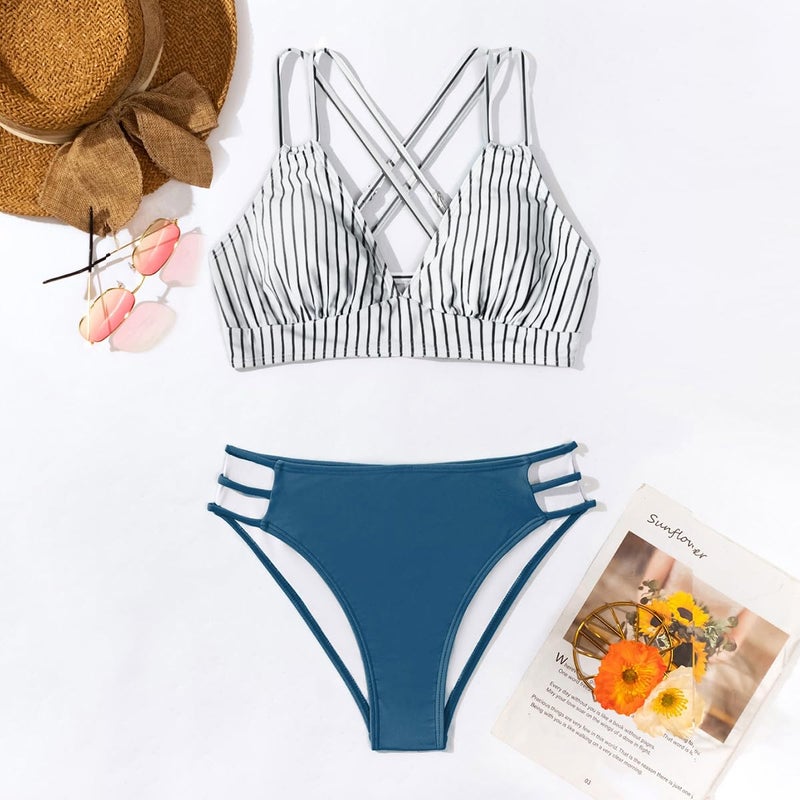 Tainehs Women's Push Up V Neck Bikini Sets Criss Cross Back Two Piece Bathing Suit - Image 4