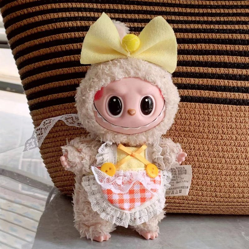 17cm Labubu Keychain Vinyl Doll Dress Clothing Yellow apron + head flower(clothes only,excluding doll) 