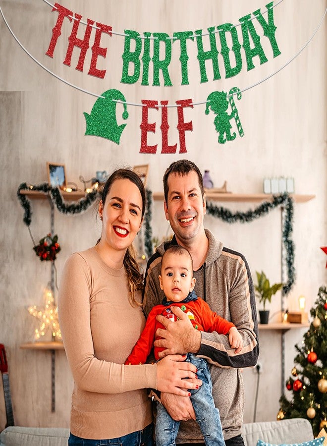 PYBHILK Red Glitter The Birthday Elf Banner, Elf I'm Back Grinch Birthday Baby Shower Decor, Christmas Xmas Winter Holiday Party Decorations Supplies - Image 3