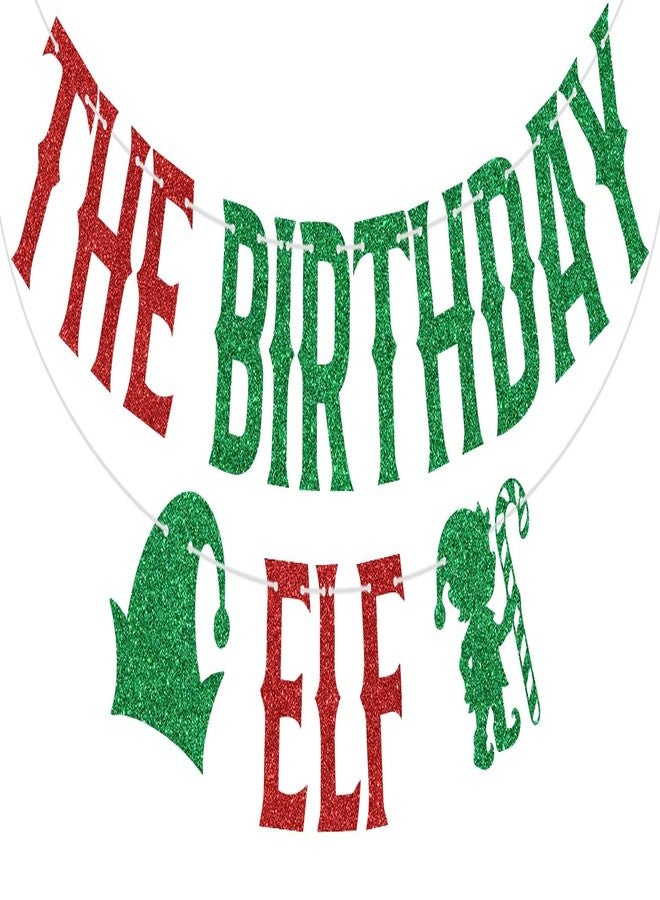 PYBHILK Red Glitter The Birthday Elf Banner, Elf I'm Back Grinch Birthday Baby Shower Decor, Christmas Xmas Winter Holiday Party Decorations Supplies - Image 1