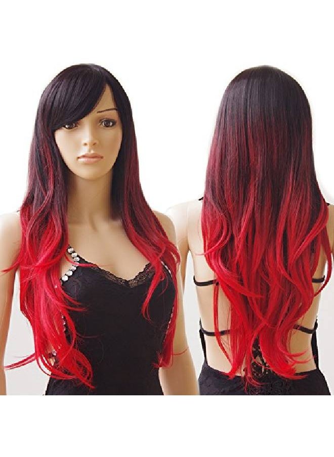 S-noilite - Long Ombre Cosplay Hair Wig Women Wavy Synthetic Costume Wig 28" Black To Red - Image 1