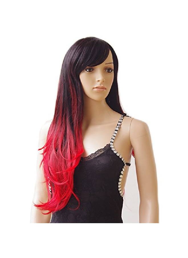 S-noilite - Long Ombre Cosplay Hair Wig Women Wavy Synthetic Costume Wig 28" Black To Red - Image 1