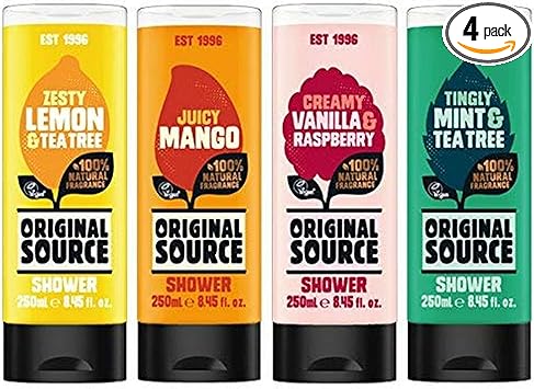 Original Source مجموعة جل استحمام أوريجنال سورس 4 × 250 مل عطور غريبة مانجو ليمون شجرة الشاي فانيليا توت العليق نعناع شجرة الشاي - Image 1