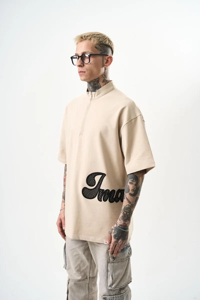 RESPIRE Men's Imagined Embroidered Half-Zip Oversize T-Shirt, Beige