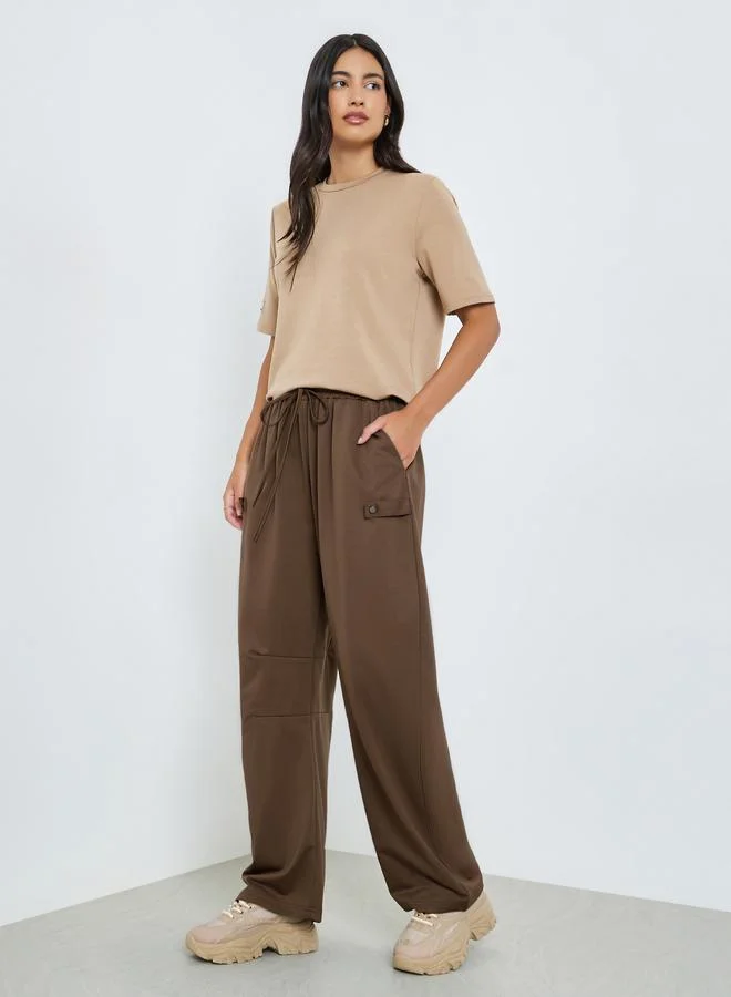 Styli Brown Wide Leg Joggers with Drawstring