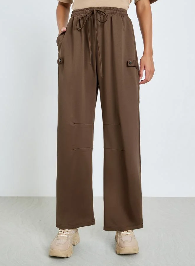 Styli Brown Wide Leg Joggers with Drawstring