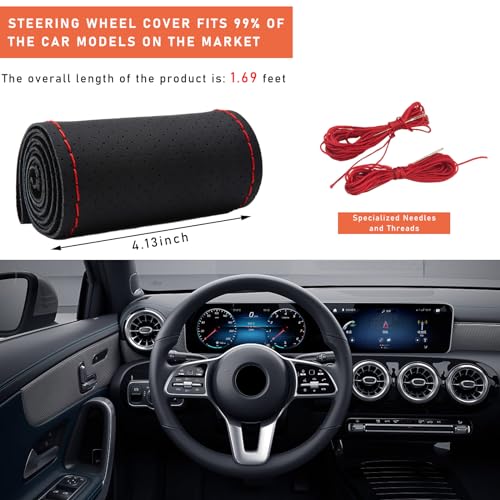 Dickno Car Steering Wheel Cover, Anti-Slip Stitch on Wrap Steering Wheel Protector for Max Diameter 15 Inch, DIY Sewing with Needle Thread, Universal Auto Accessories (Black & Red, Full Hole) - Image 2