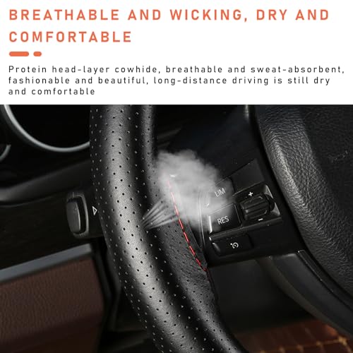 Dickno Car Steering Wheel Cover, Anti-Slip Stitch on Wrap Steering Wheel Protector for Max Diameter 15 Inch, DIY Sewing with Needle Thread, Universal Auto Accessories (Black & Red, Full Hole) - Image 5