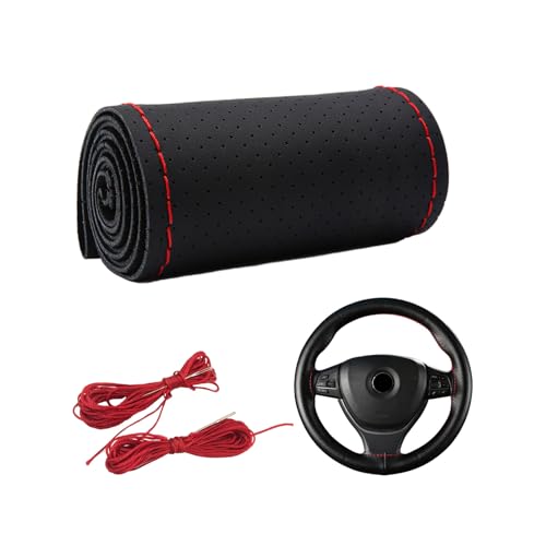 Dickno Car Steering Wheel Cover, Anti-Slip Stitch on Wrap Steering Wheel Protector for Max Diameter 15 Inch, DIY Sewing with Needle Thread, Universal Auto Accessories (Black & Red, Full Hole) - Image 1