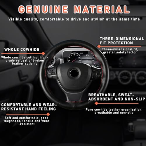Dickno Car Steering Wheel Cover, Anti-Slip Stitch on Wrap Steering Wheel Protector for Max Diameter 15 Inch, DIY Sewing with Needle Thread, Universal Auto Accessories (Black & Red, Full Hole) - Image 3