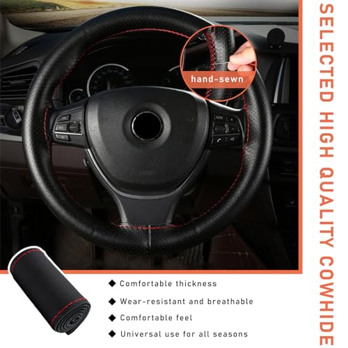Dickno Car Steering Wheel Cover, Anti-Slip Stitch on Wrap Steering Wheel Protector for Max Diameter 15 Inch, DIY Sewing with Needle Thread, Universal Auto Accessories (Black & Red, Full Hole) - Image 4