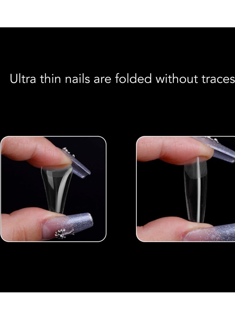 كيلا مجموعة أظافر صناعية شفافة طويلة، رفيعة للغاية، على شكل لوز، مكونة من 550 قرصًا، بتغطية كاملة، مع تصميمات مرصعة بأحجار الراين لحفلات الزفاف والمواعدة والحفلات، مع أطراف أظافر أكريليك - Image 4