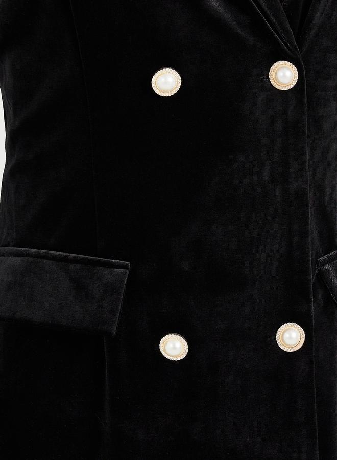 ستايلي فستان قصير مخمل بصفين أزرار وياقة بشق - Image 3