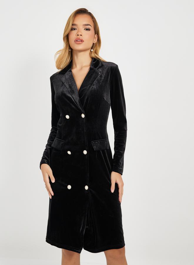 ستايلي فستان قصير مخمل بصفين أزرار وياقة بشق - Image 5