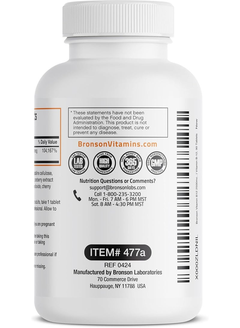 BRONSON Vitamin B12 2500mcg Fast Dissolve Chewable Tablets, Quick Release Sublingual, Cherry Flavored, 90 Count - Image 2
