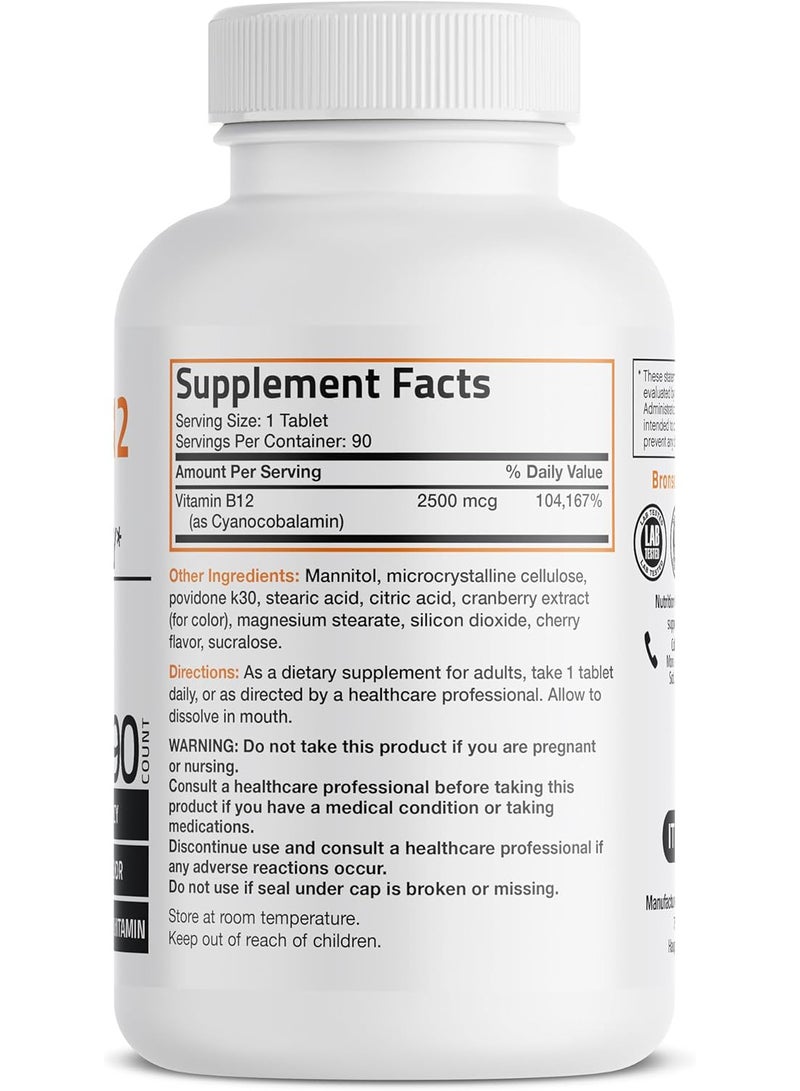 BRONSON Vitamin B12 2500mcg Fast Dissolve Chewable Tablets, Quick Release Sublingual, Cherry Flavored, 90 Count - Image 3