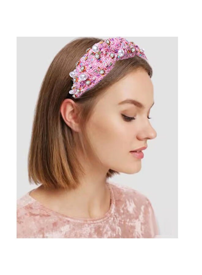 NVENF Knotted Headbands for Women, Pearl Crystal Knotted Headband, Rhinestone Embellished Jeweled Headbands Wide Top Knot Hairband Womens Fashion Hair Accessory (Pink) - Image 2