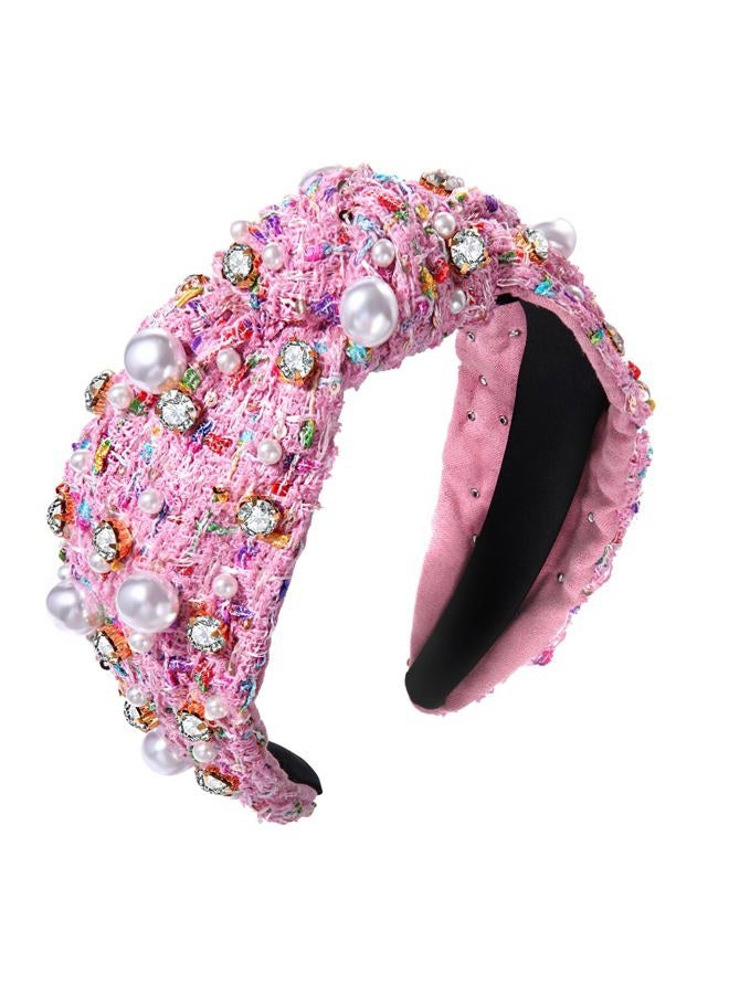 NVENF Knotted Headbands for Women, Pearl Crystal Knotted Headband, Rhinestone Embellished Jeweled Headbands Wide Top Knot Hairband Womens Fashion Hair Accessory (Pink) - Image 1