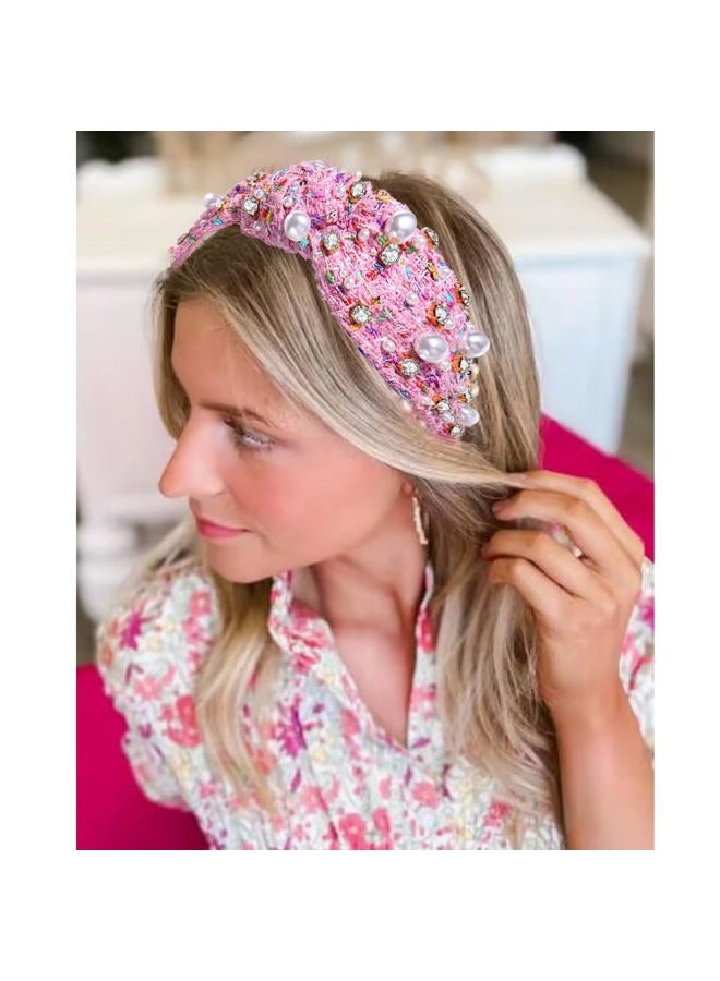 NVENF Knotted Headbands for Women, Pearl Crystal Knotted Headband, Rhinestone Embellished Jeweled Headbands Wide Top Knot Hairband Womens Fashion Hair Accessory (Pink) - Image 3