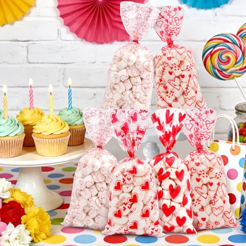 Nelisylux Valentines Cellophane Bags, Valentines Gift Bag, Valentine Treat Bags, Plastic Clear Red Valentine's Candy Cookie Goodie Snack Bag with Twist Ties for Valentines Day Wedding Party Favor Supplies,50 Pcs - Image 2