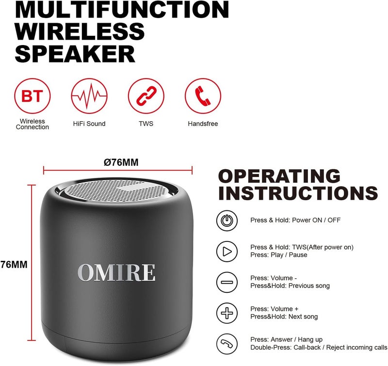 OMIRE Portable Bluetooth Speakers, مكبر صوت بلوتوث,Wireless Bluetooth Speakers with TWS Function,Bluetooth 5.3 مكبر صوت,with Hands-Free Playback,Portable Design,Speaker for Travel,Outdoors,Party-Black - Image 4