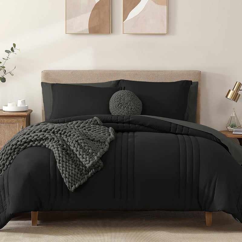 Monbix Comforter King Size Bed Set, King Comforters Set 7 Piece, Bedding Sets King with Comforters, Sheets, King Bed in A Bag with Sheets,Pillowcases & Shams (Black, King, 102"x90") - Image 1
