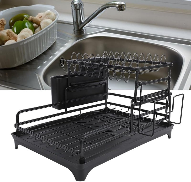 Bewinner Black Dish Drying Rack 2 Tier, Carbon Steel Dish Drainer for Kitchen Counter, Space Saving Minimalist Rack with Drain Tray, Multifunctional Drying for Plates Bowls - Image 2