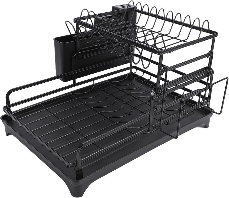 Bewinner Black Dish Drying Rack 2 Tier, Carbon Steel Dish Drainer for Kitchen Counter, Space Saving Minimalist Rack with Drain Tray, Multifunctional Drying for Plates Bowls - Image 3