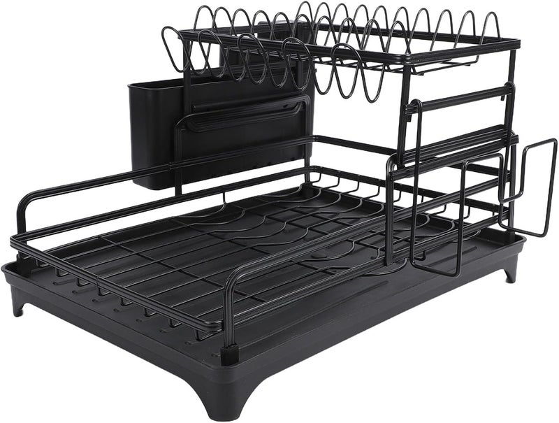 Bewinner Black Dish Drying Rack 2 Tier, Carbon Steel Dish Drainer for Kitchen Counter, Space Saving Minimalist Rack with Drain Tray, Multifunctional Drying for Plates Bowls - Image 1