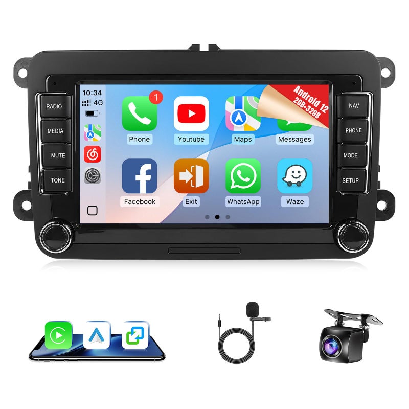 Naifay Android 12 Car Stereo for VW Volkswagen Jetta Passat Beetle Tiguan Touran Caddy Seat Golf, 7inch Touchscreen for Jetta Radio with CarPlay Android Auto Bluetooth GPS WiFi FM Camera MIC - Image 1