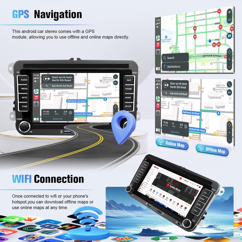 Naifay Android 12 Car Stereo for VW Volkswagen Jetta Passat Beetle Tiguan Touran Caddy Seat Golf, 7inch Touchscreen for Jetta Radio with CarPlay Android Auto Bluetooth GPS WiFi FM Camera MIC - Image 4