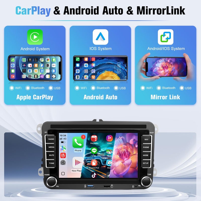 Naifay Android 12 Car Stereo for VW Volkswagen Jetta Passat Beetle Tiguan Touran Caddy Seat Golf, 7inch Touchscreen for Jetta Radio with CarPlay Android Auto Bluetooth GPS WiFi FM Camera MIC - Image 3