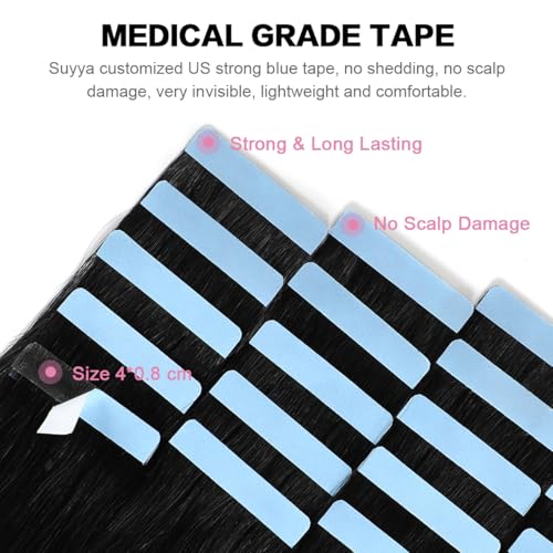 SUYYA Tape in Hair Extensions Human Hair 18 inches 50g/pack 20pcs Straight Seamless Skin Weft Jet Black Tape Hair Extensions (18 inches #1 Jet Black) - Image 3