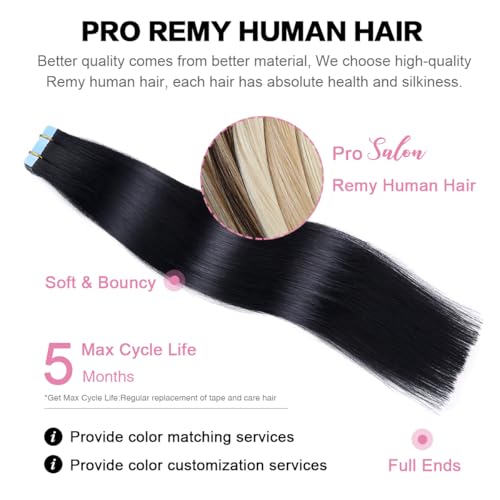 SUYYA Tape in Hair Extensions Human Hair 18 inches 50g/pack 20pcs Straight Seamless Skin Weft Jet Black Tape Hair Extensions (18 inches #1 Jet Black) - Image 4