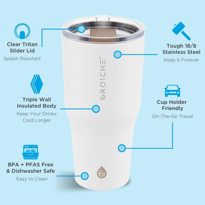 GROSCHE Yukon 30 oz Insulated Coffee Mug with Lid - Durable Travel Mug, Stainless Steel Tumblers, Vacuum Insulated Coffee Tumbler for Hot or Cold Beverages - CREAM WHITE - Image 3