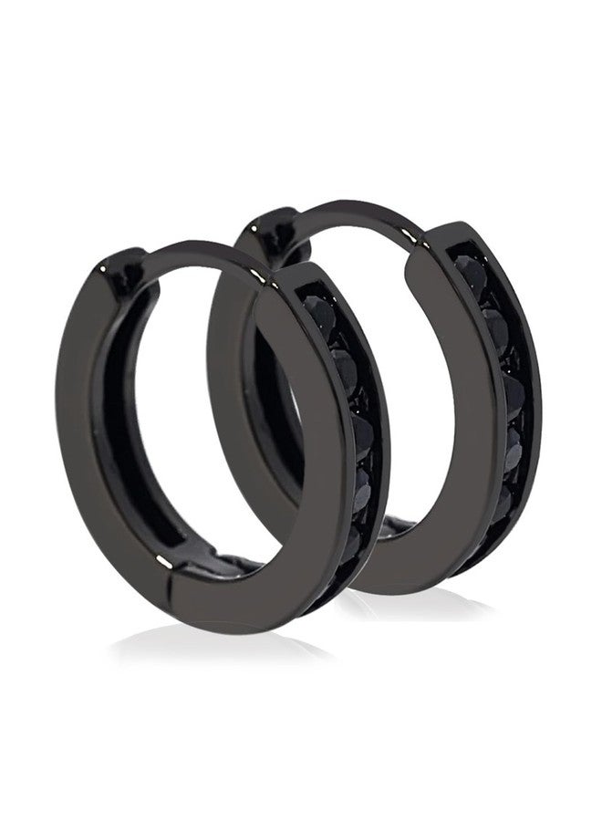 Tarsus 12mm Unisex Black Round CZ Hoop Earrings Huggie Ear Piercings Women Men Earrings - Image 1