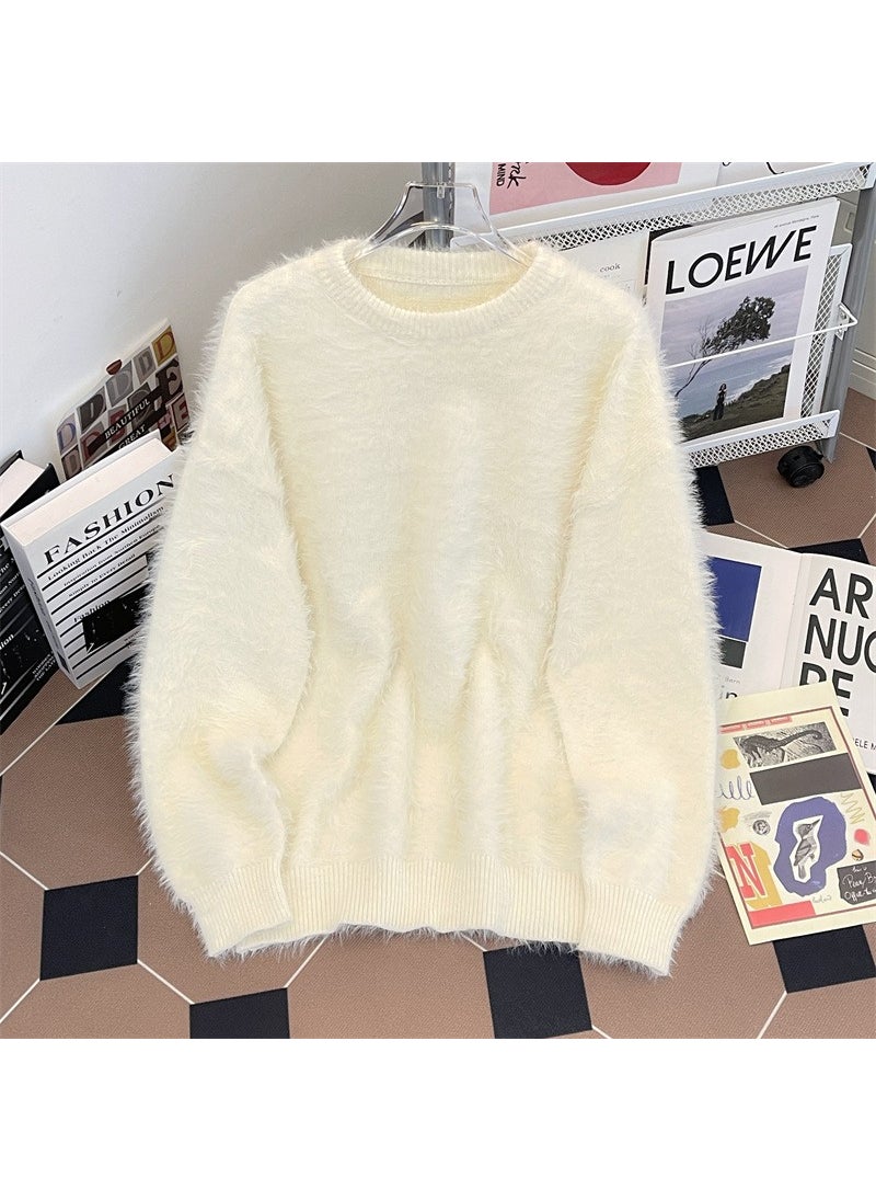 Generic - Premium Atmosphere Faux Fox Fur Sweater Men Winter Thickened Soft Lazy Loose-Fit Round Neck Knitted Top Casual Scene Crew Neck Off-white - Image 1