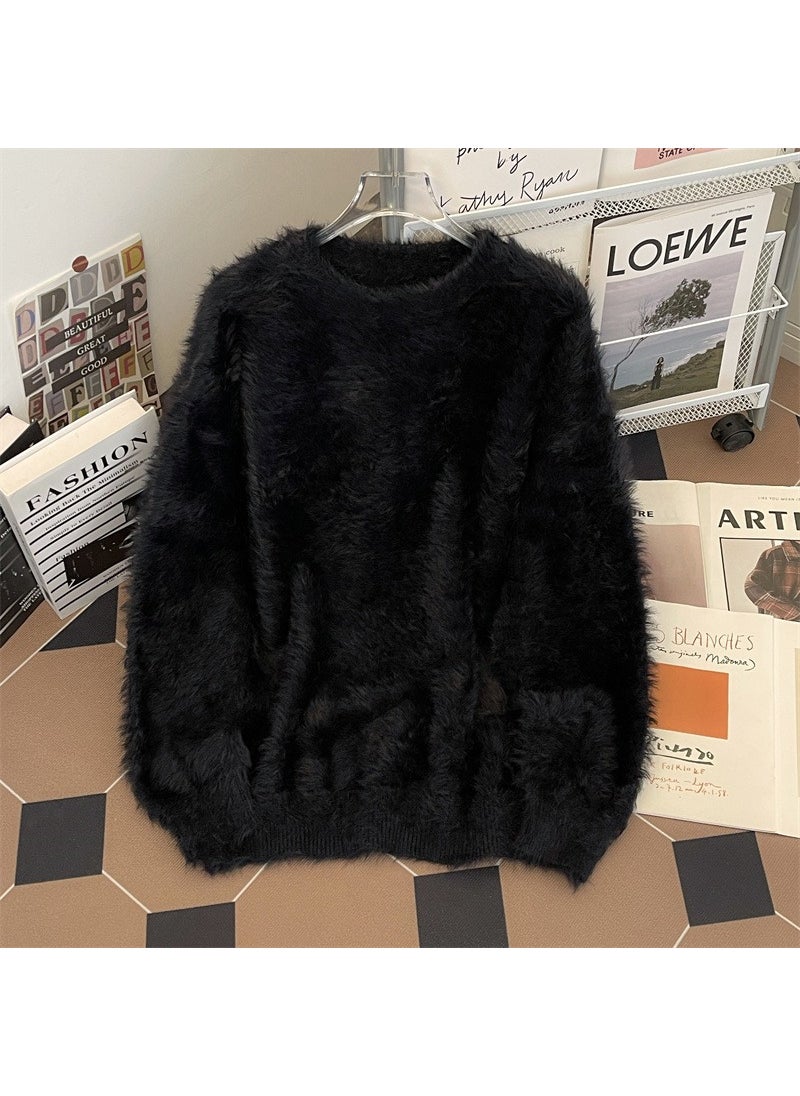 Generic - Premium Atmosphere Faux Fox Fur Sweater Men Winter Thickened Soft Lazy Loose-Fit Round Neck Knitted Top Casual Scene Crew Neck Off-white - Image 1