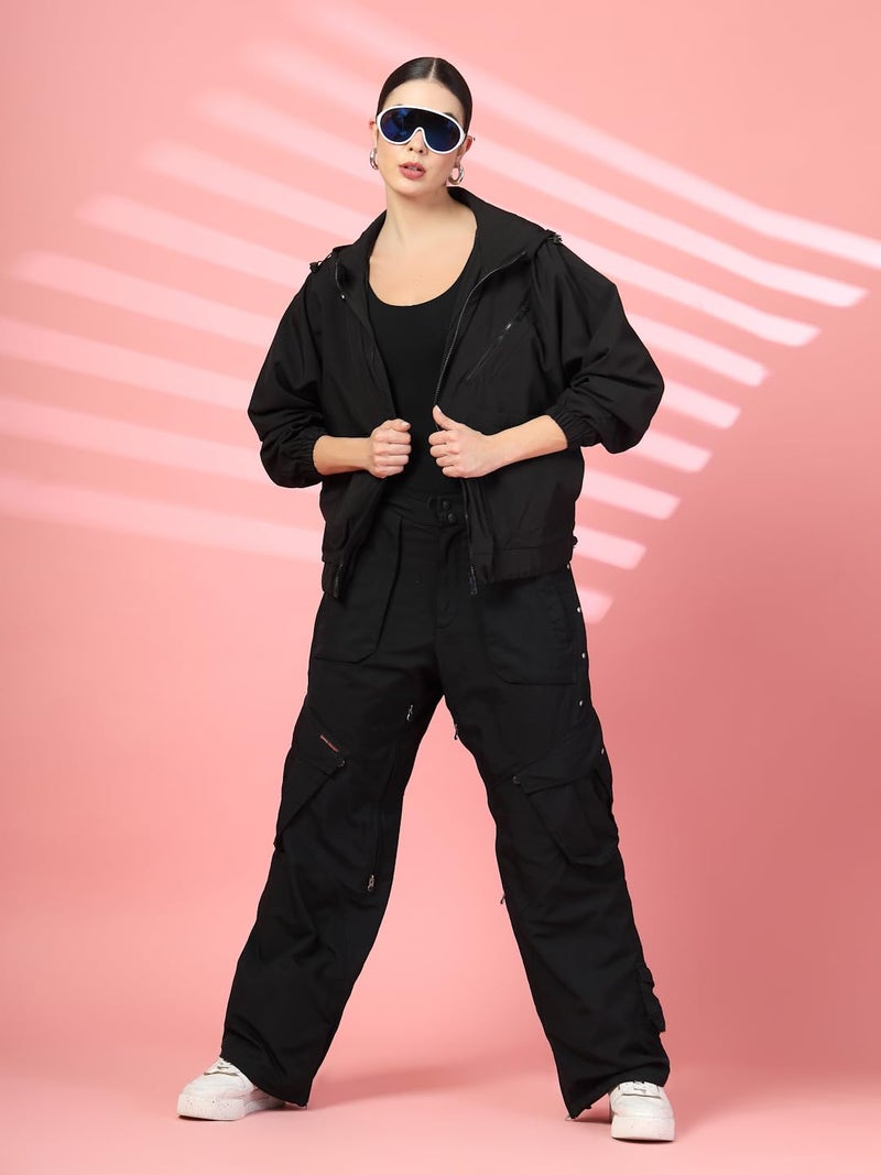 CHKOKKO Womens Stylish Oversized Windcheater Jacket with Zip Closure Lightweight Sportswear for Running Travel Hiking Outdoor and Rainy Season Wear Black XL - Image 5