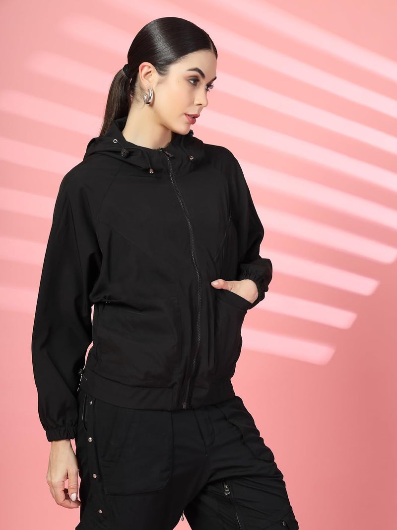 CHKOKKO Womens Stylish Oversized Windcheater Jacket with Zip Closure Lightweight Sportswear for Running Travel Hiking Outdoor and Rainy Season Wear Black XL - Image 3